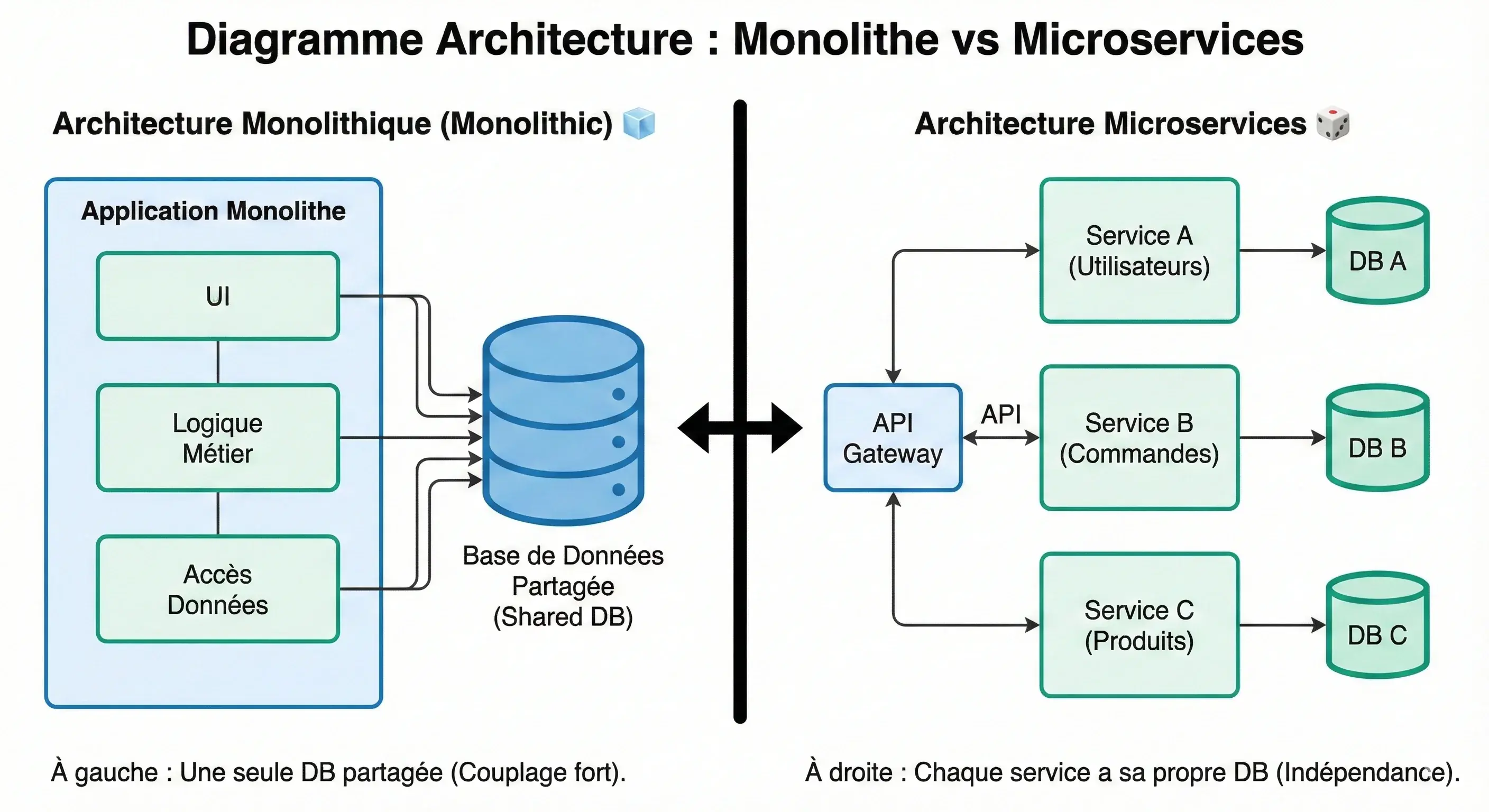 Monolithu vs Microservices diagramme architecturale